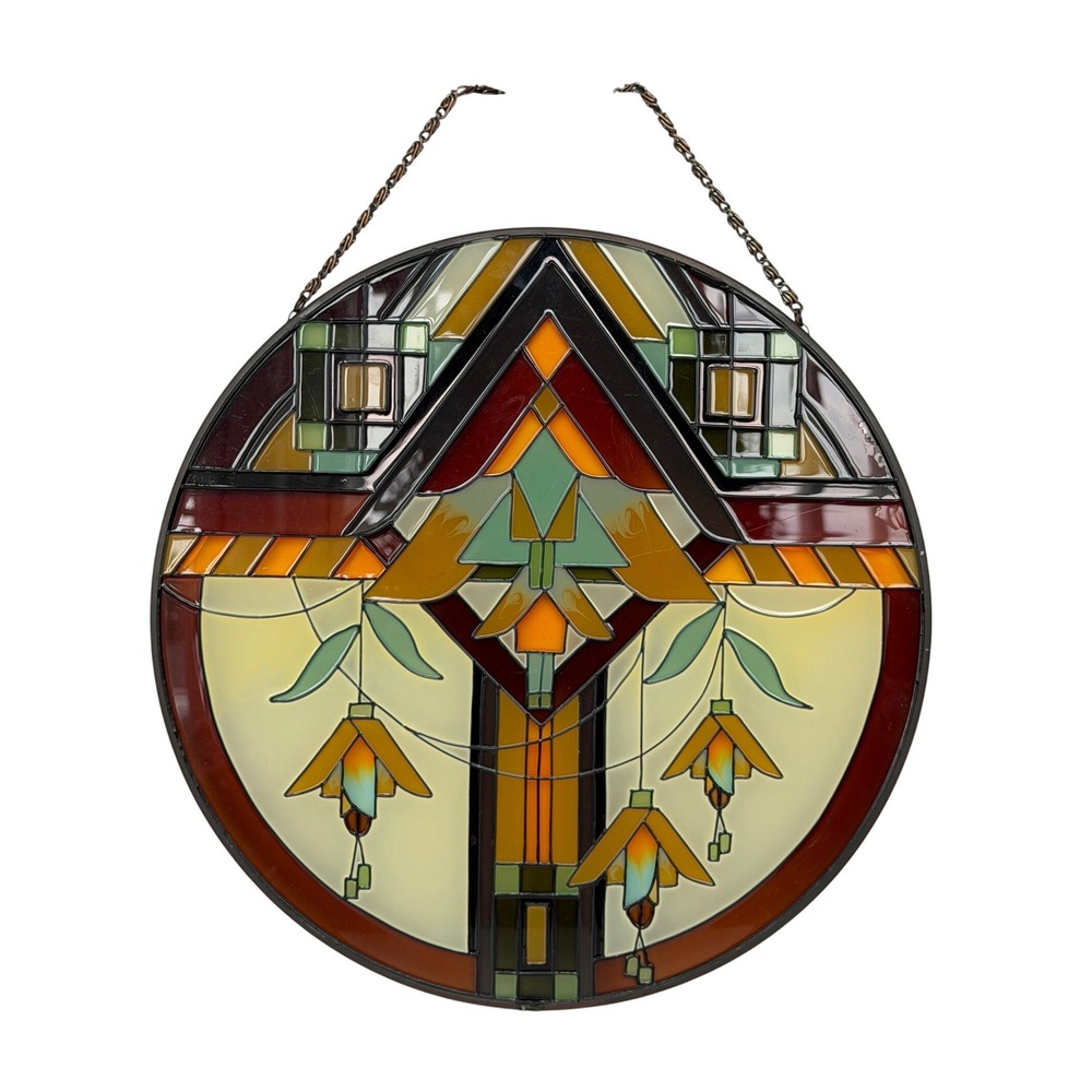 Mission Style Round Painted Glass Suncatcher Panel Hanging Floral Fuchsia Art